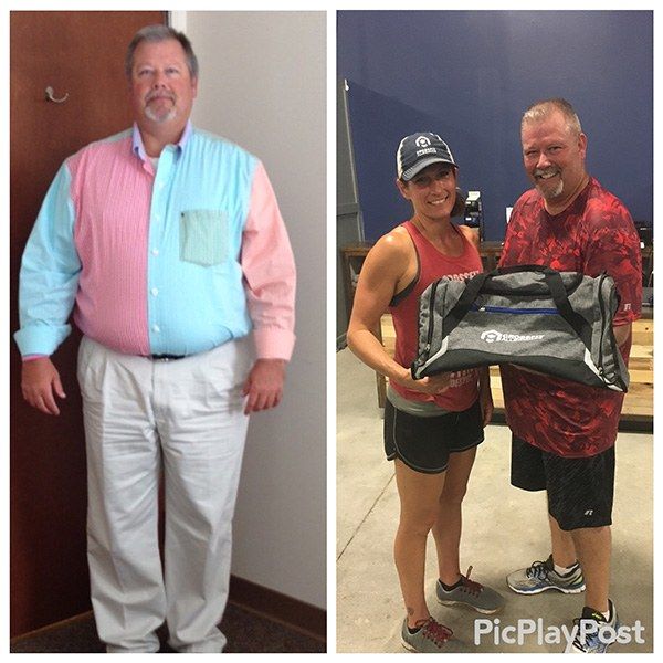 Weight loss transformation: Man in colorful shirt before, fit man and woman holding a gym bag after.