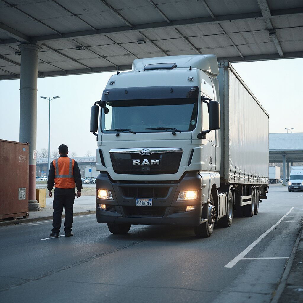 Truck driving under a covered area, flagged by a worker wearing a safety vest.