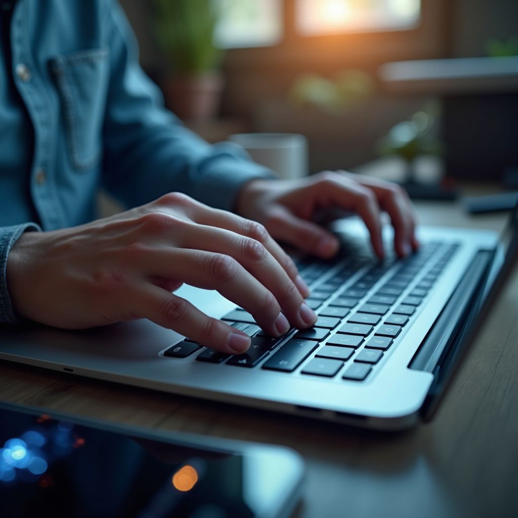 Hands typing on a laptop keyboard at a desk.