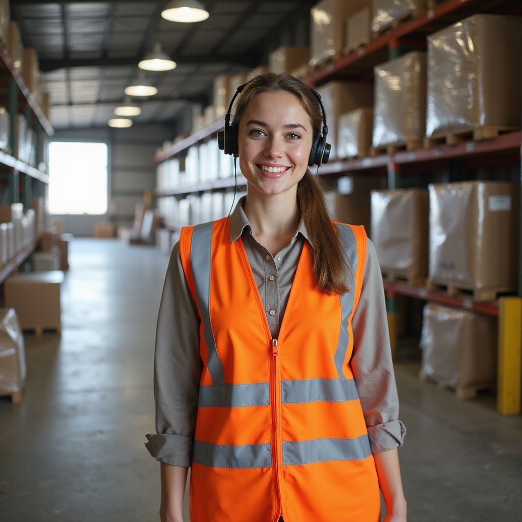 Woman in orange safety vest and headset smiles in a warehouse aisle.