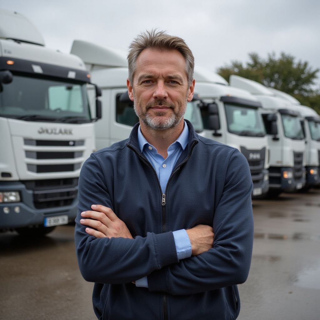 Man with arms crossed standing in front of several white semi-trucks.
