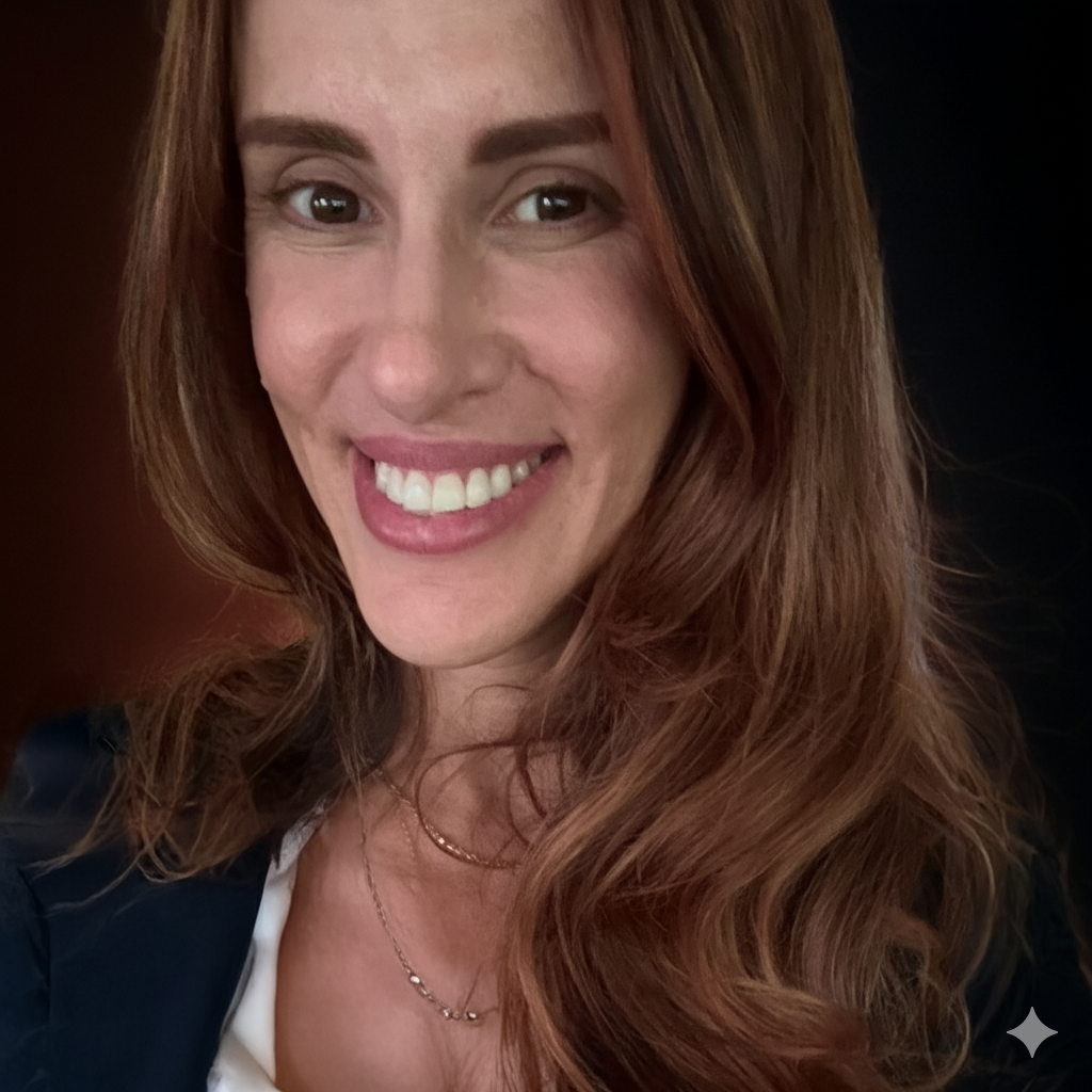 Woman with reddish-brown hair smiles, wearing a dark blazer and white top, indoors.