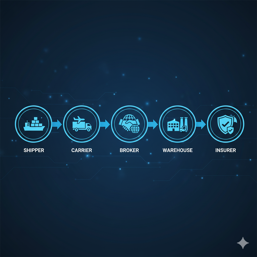 Supply chain diagram with icons: shipper, carrier, broker, warehouse, and delivery.