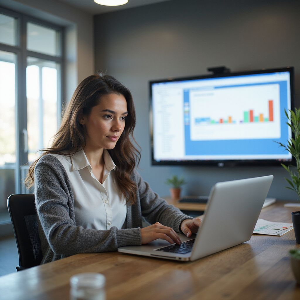 Woman typing on laptop at wooden desk, with charts on large screen in the background.