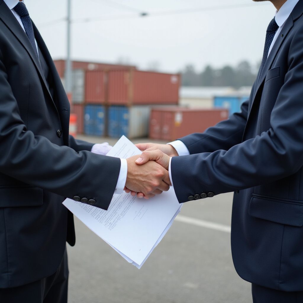 Two people in suits shaking hands, holding papers, with shipping containers in the background.