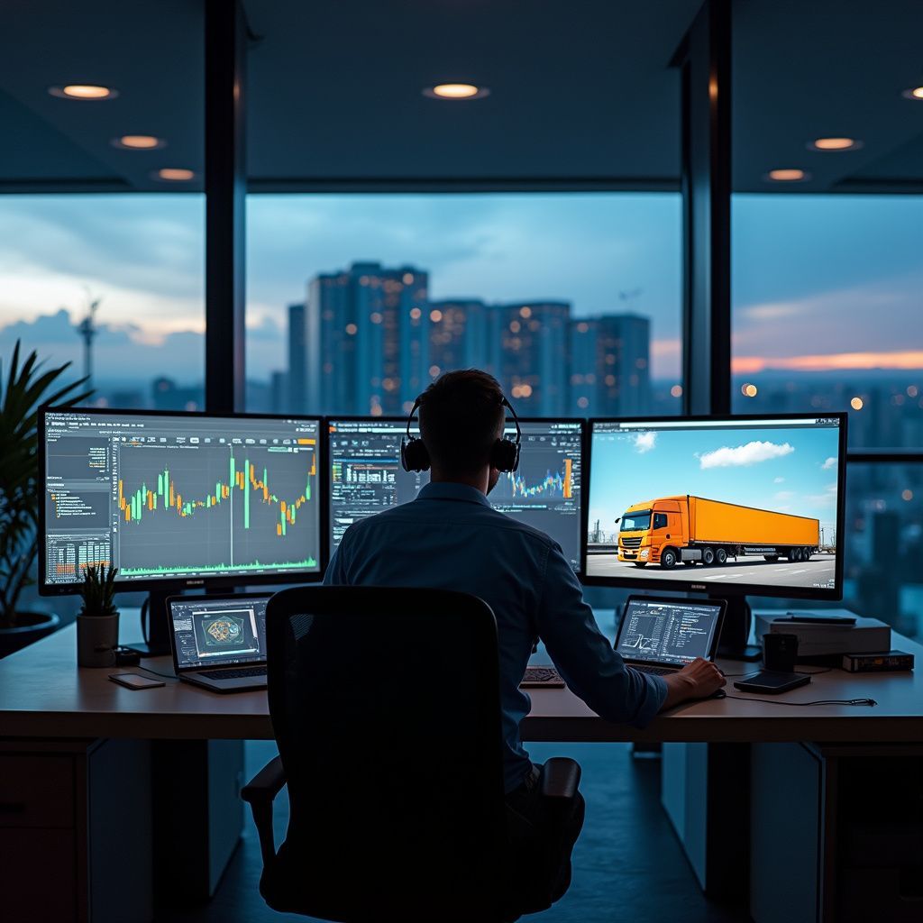 Man at desk with multiple monitors; city backdrop. Displays include stock charts and a delivery truck.