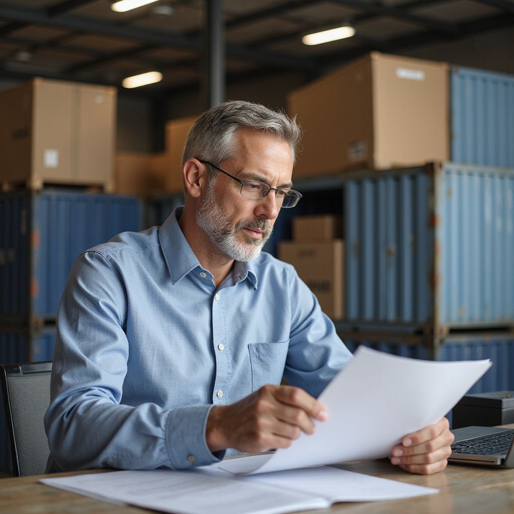 Man in glasses reviewing paperwork at a desk in a warehouse. Boxes and blue containers in background.
