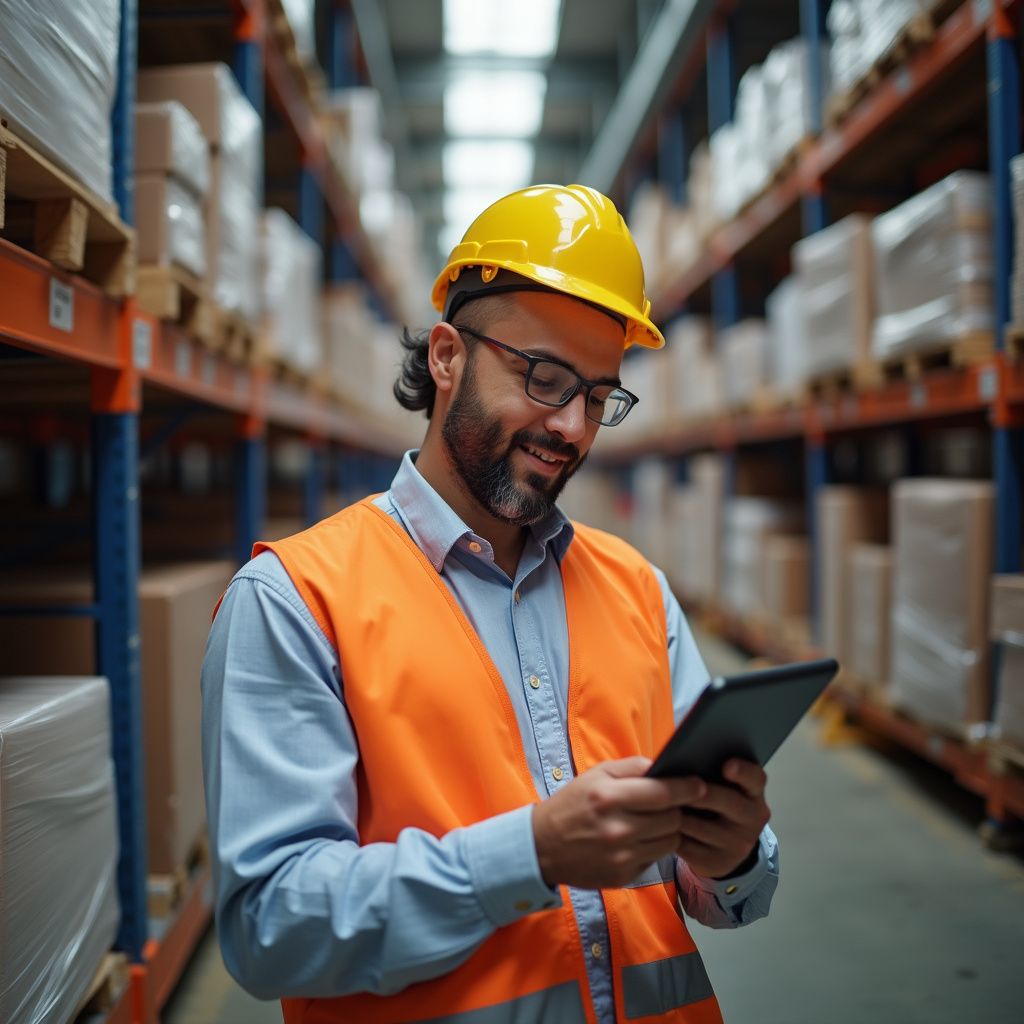 Man in safety vest and helmet using a tablet in a warehouse, smiling.