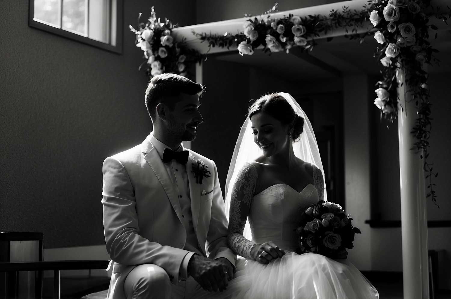 A black and white photo of a bride and groom holding hands.