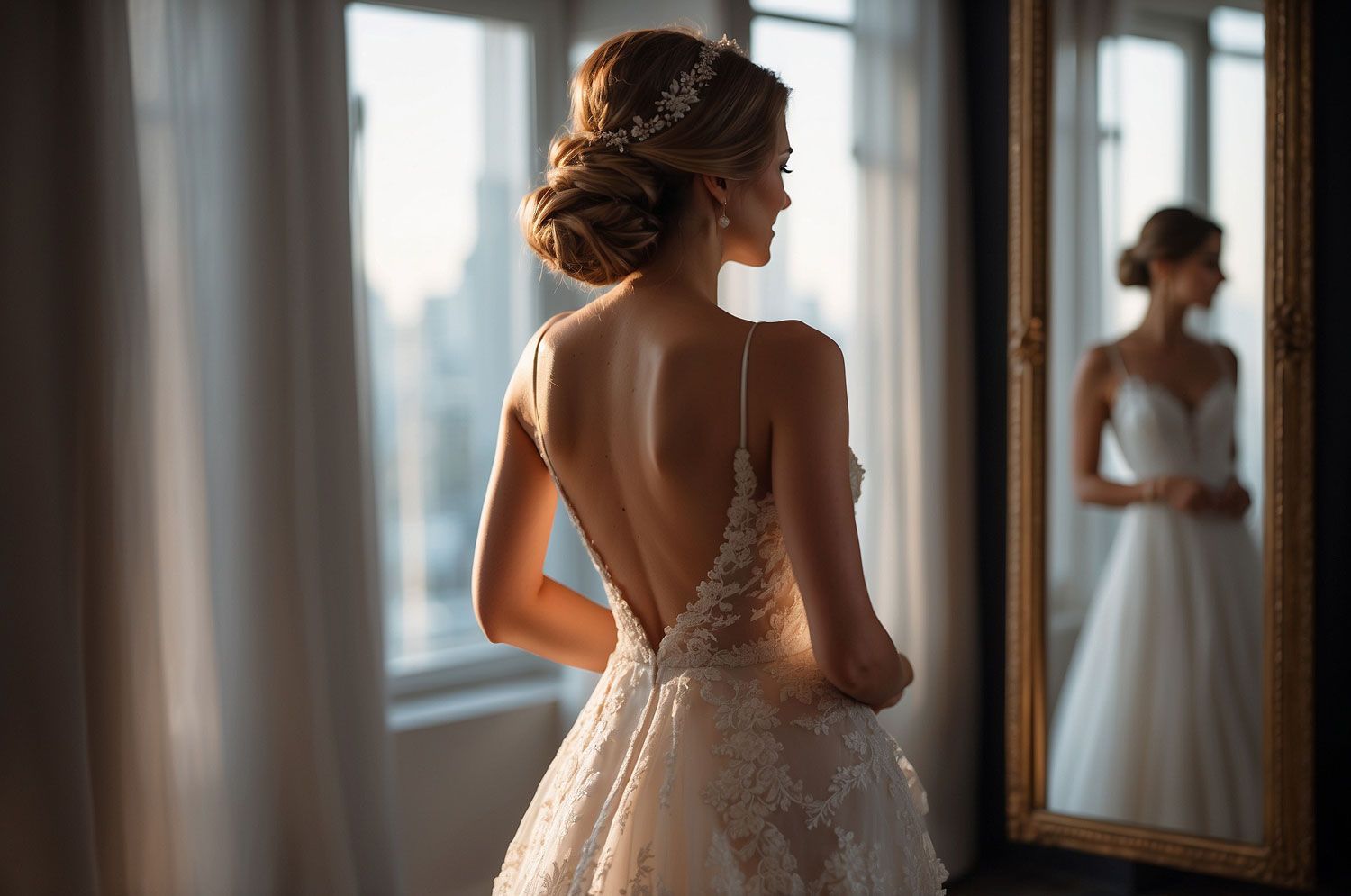 A woman in a wedding dress is standing in front of a mirror.