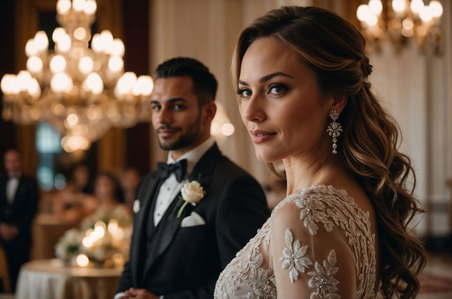A bride and groom are standing next to each other in a room with a chandelier.