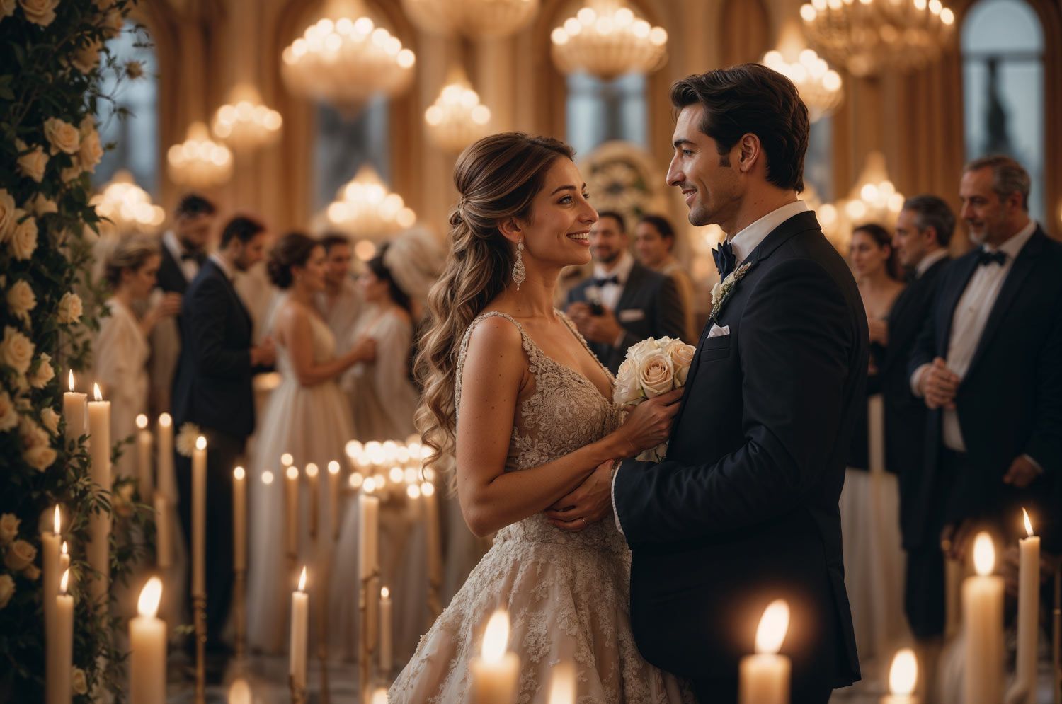 A bride and groom at their wedding reception surrounded by candles.