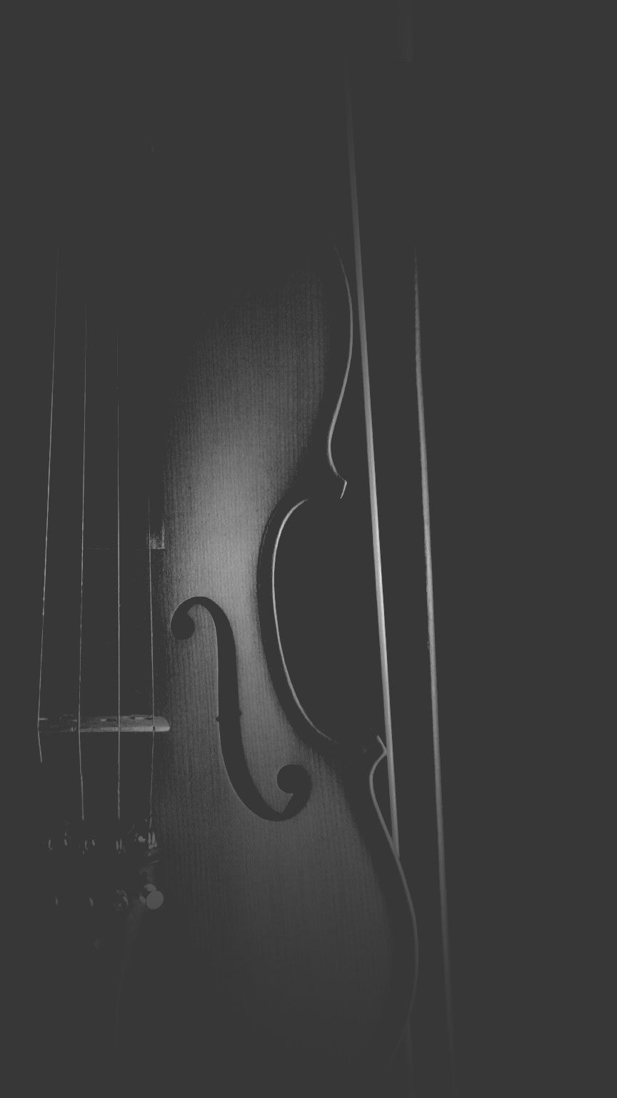 A black and white photo of a violin in a dark room.