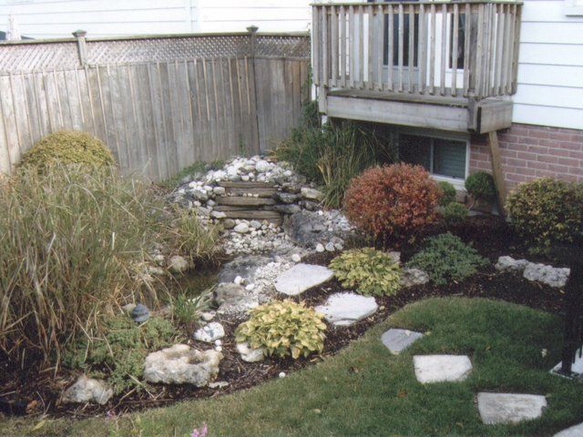 A small backyard with a fence and a deck