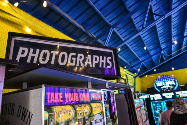 Vintage arcade photo booth with a Photographs sign