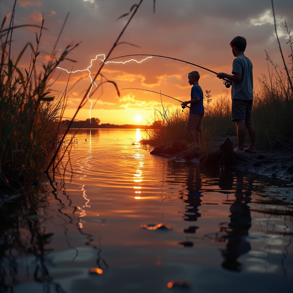 Two young boys are fishing in a lake at sunset