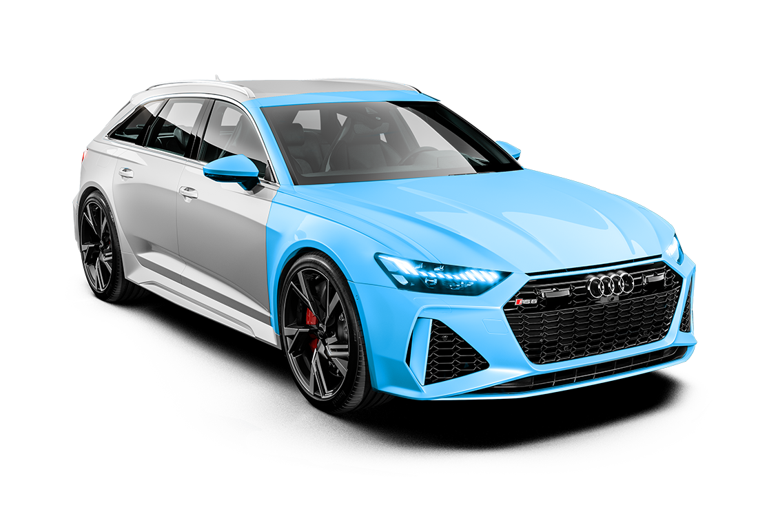 Audi RS6 Avant with a light blue film applied to its front.