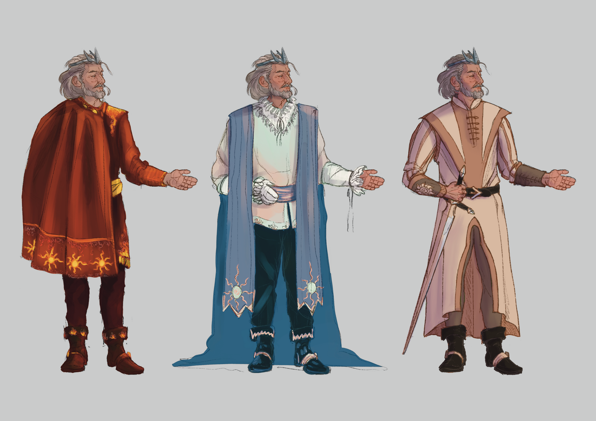 Three male outfits in colour