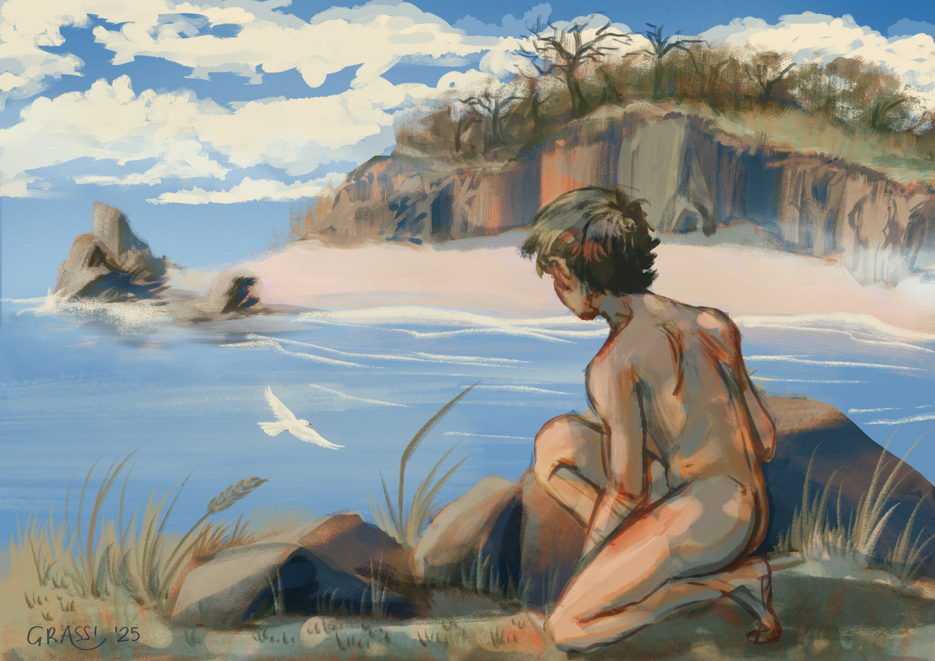 A sea-coast landscape featuring a young boy looking out to the sea