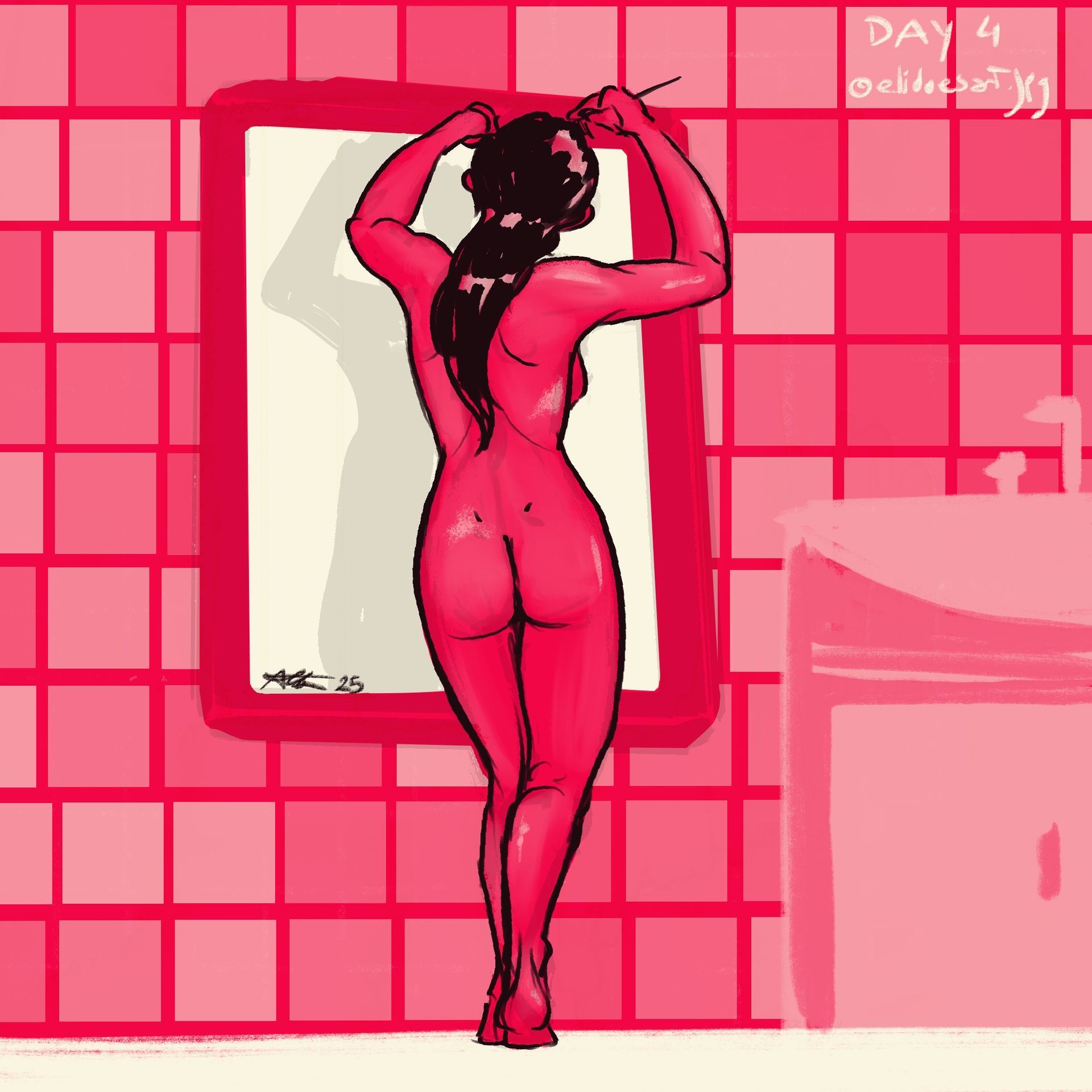 a monochrome magenta sketch of a woman fixing her hair in front of a mirror