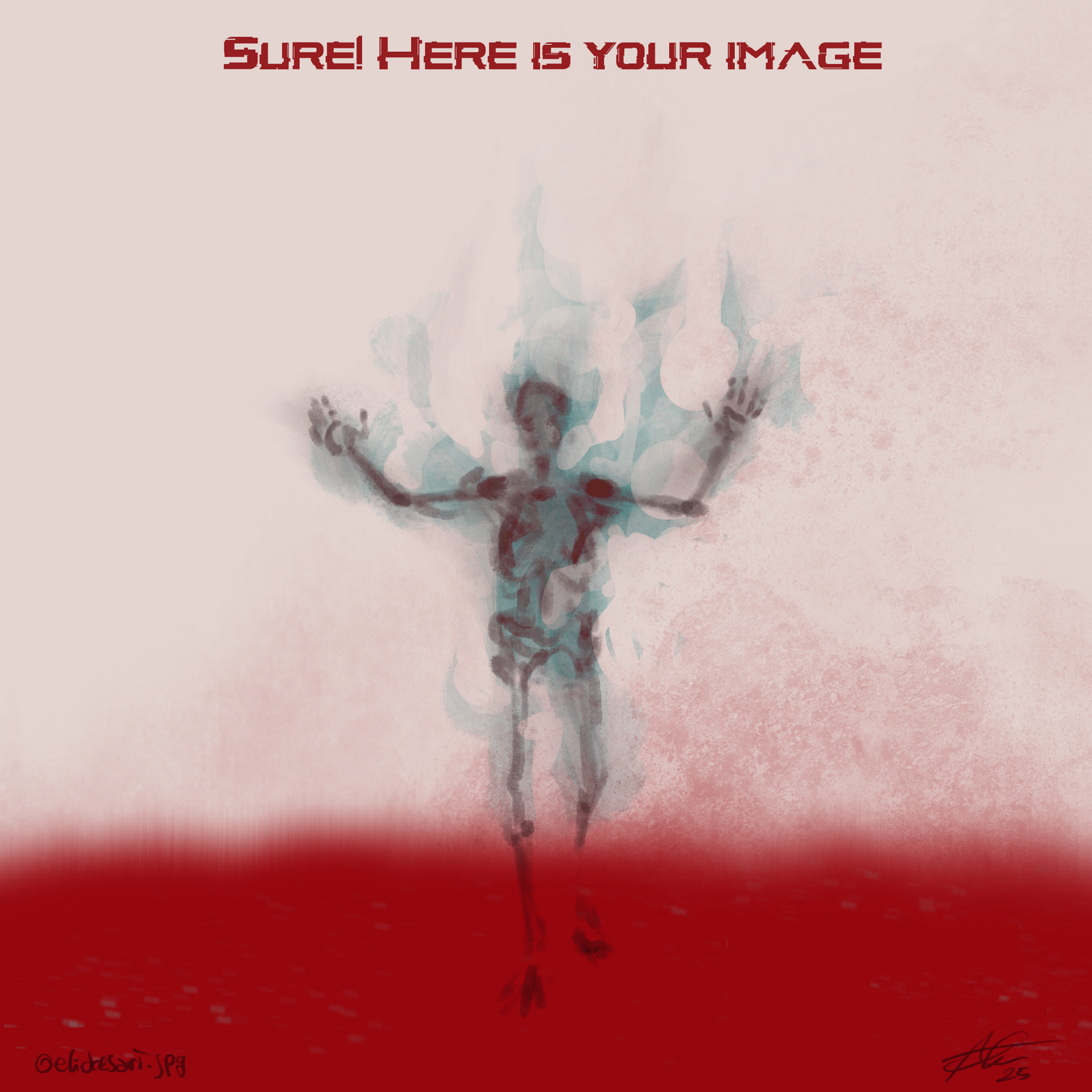 An illustration voicing the artist's stance against generative AI, featuring a human skeleton burning blue flames