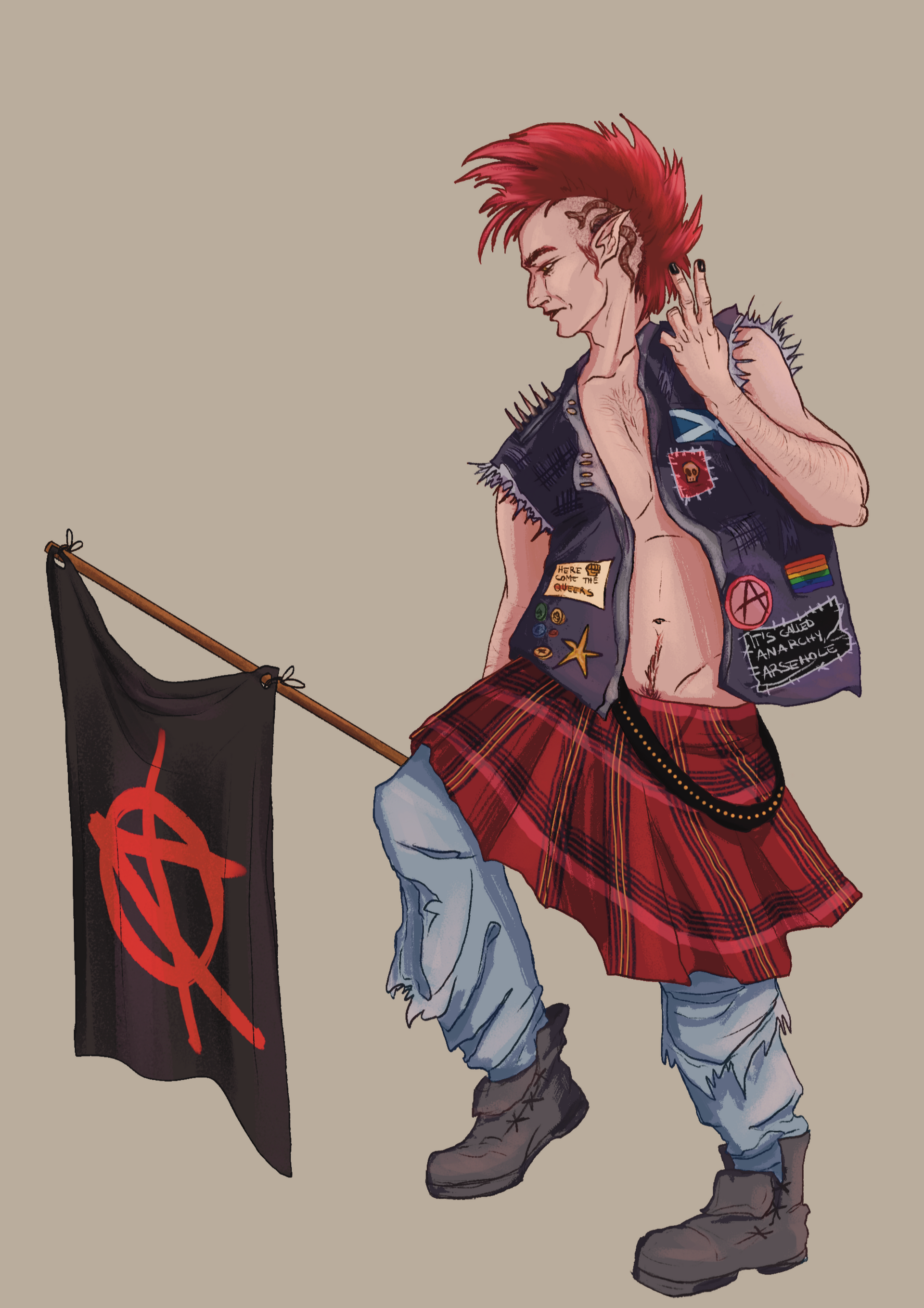 drawing of David Tennant's demon Crowley dressed as a 70s punk
