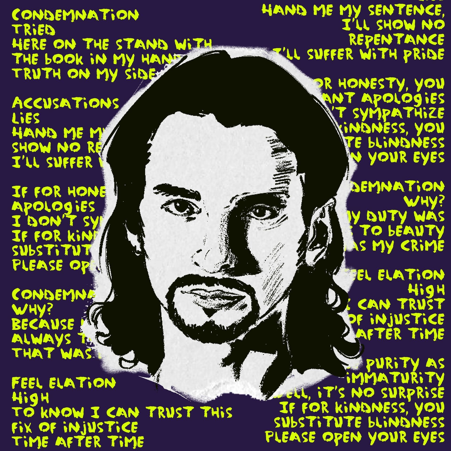 a porttrait of Depeche Mode's frontman Dave Gahan with the lyrics of their song 