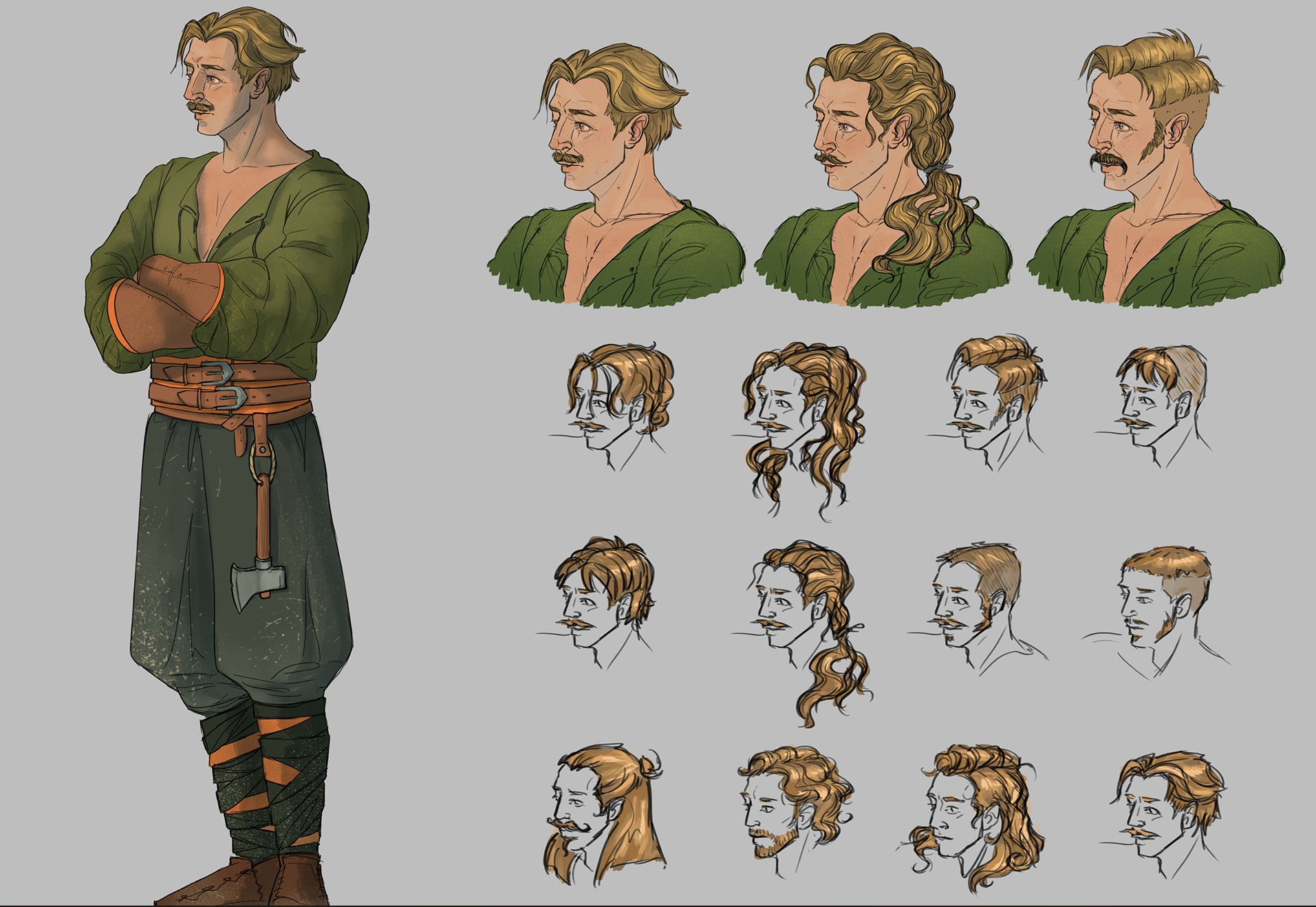 Character design sheet featuring a blond young man dressed in green, with a series of sketches showing different hairstyles