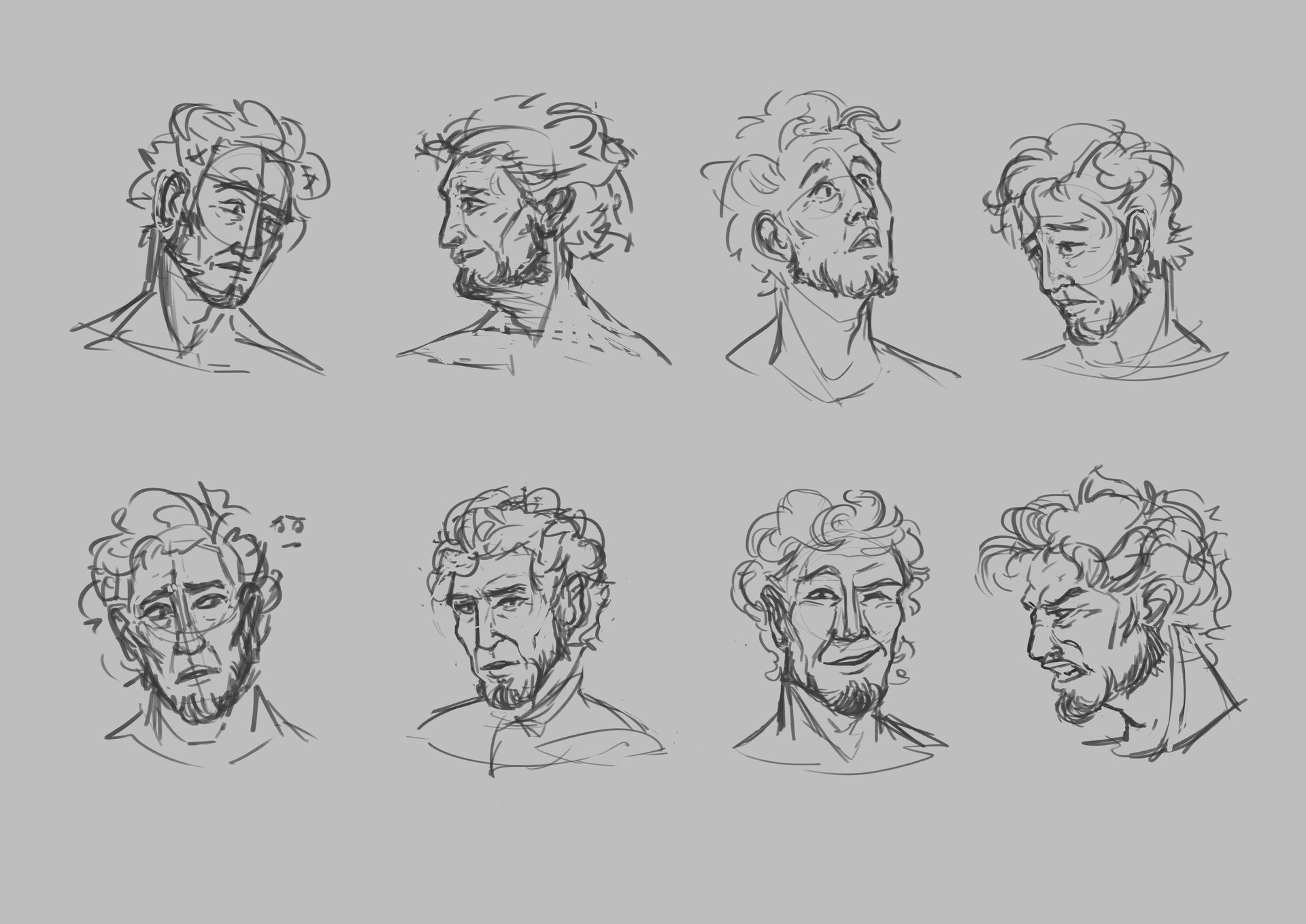 A Character design sheet with sketches of different facial expressions