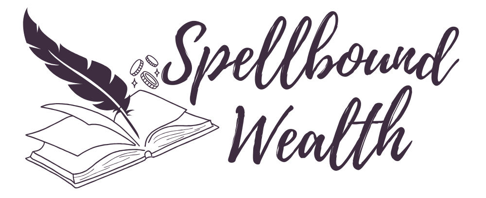 A black and white logo for spellbound wealth with an open book and a feather.