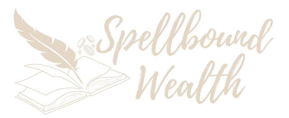 A logo for spellbound wealth with an open book and a feather.