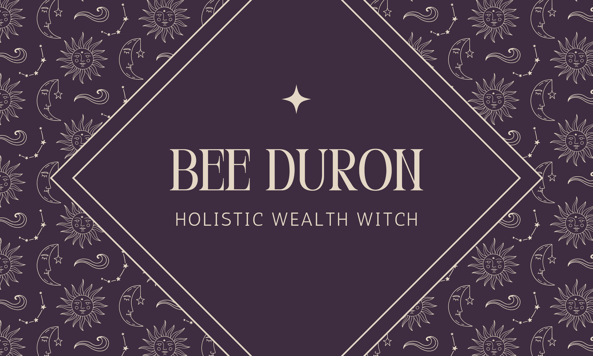 A business card for bee duron holistic wealth witch with a purple background