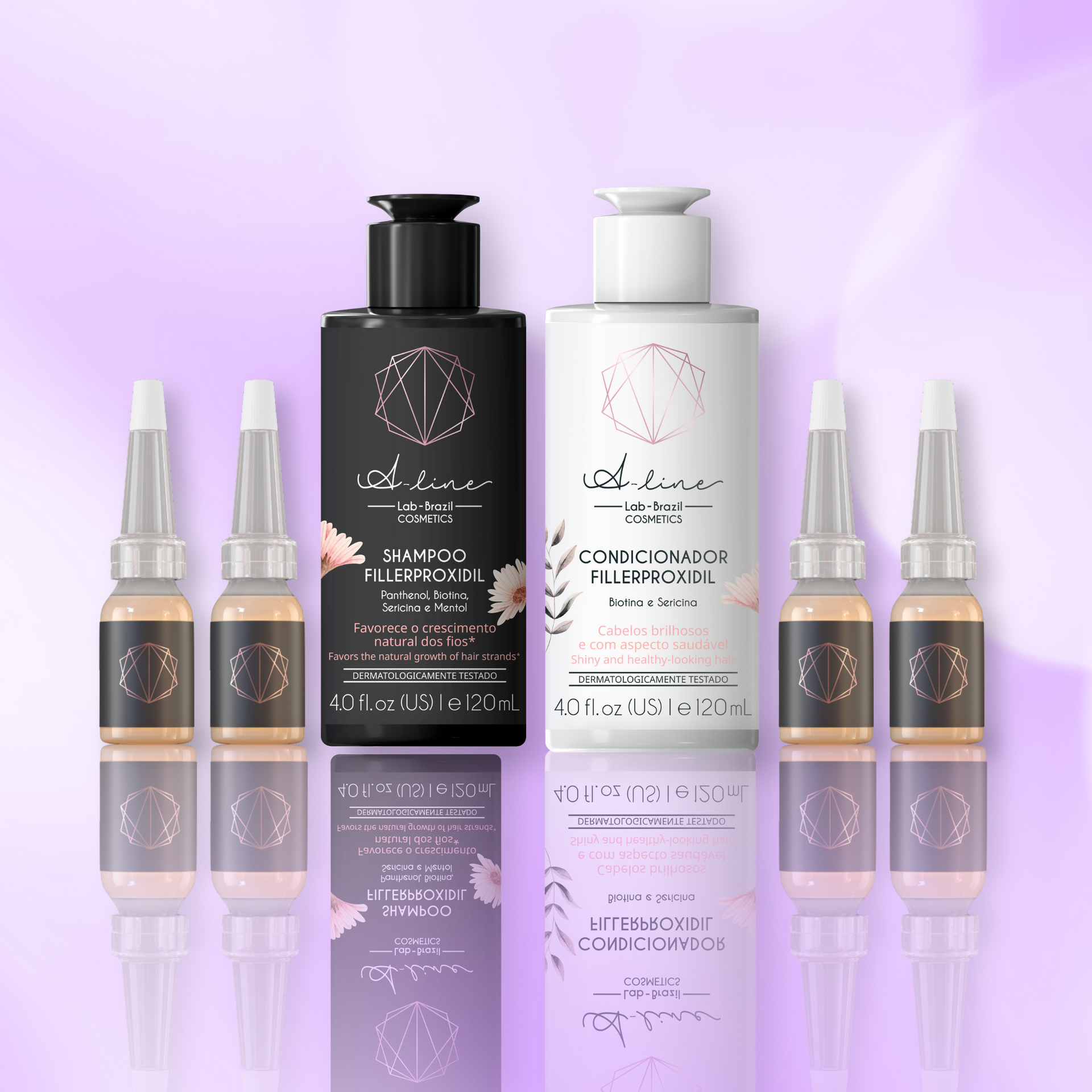 Una botella de champú y acondicionador se encuentran una al lado de la otra sobre una superficie violeta.