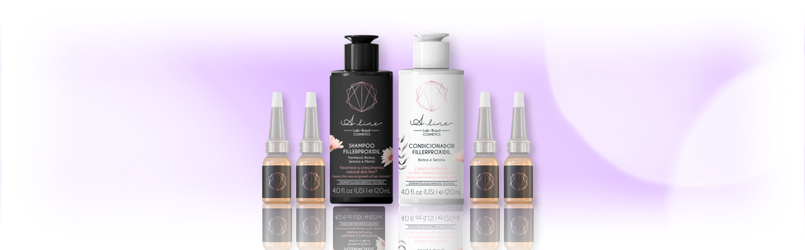 Un grupo de botellas y ampollas sobre un fondo morado.