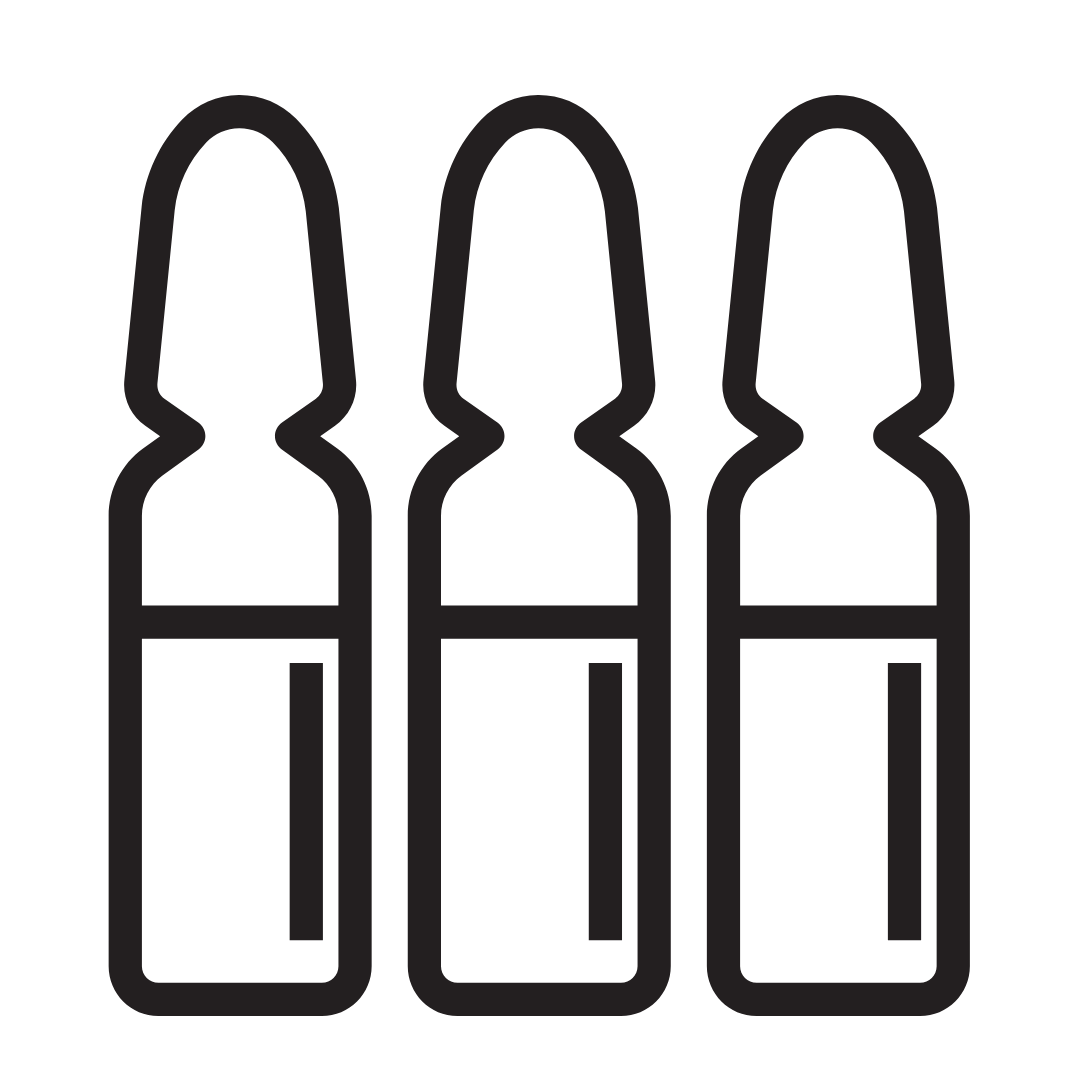 Un dibujo lineal de tres ampollas con líquido en su interior sobre un fondo blanco.