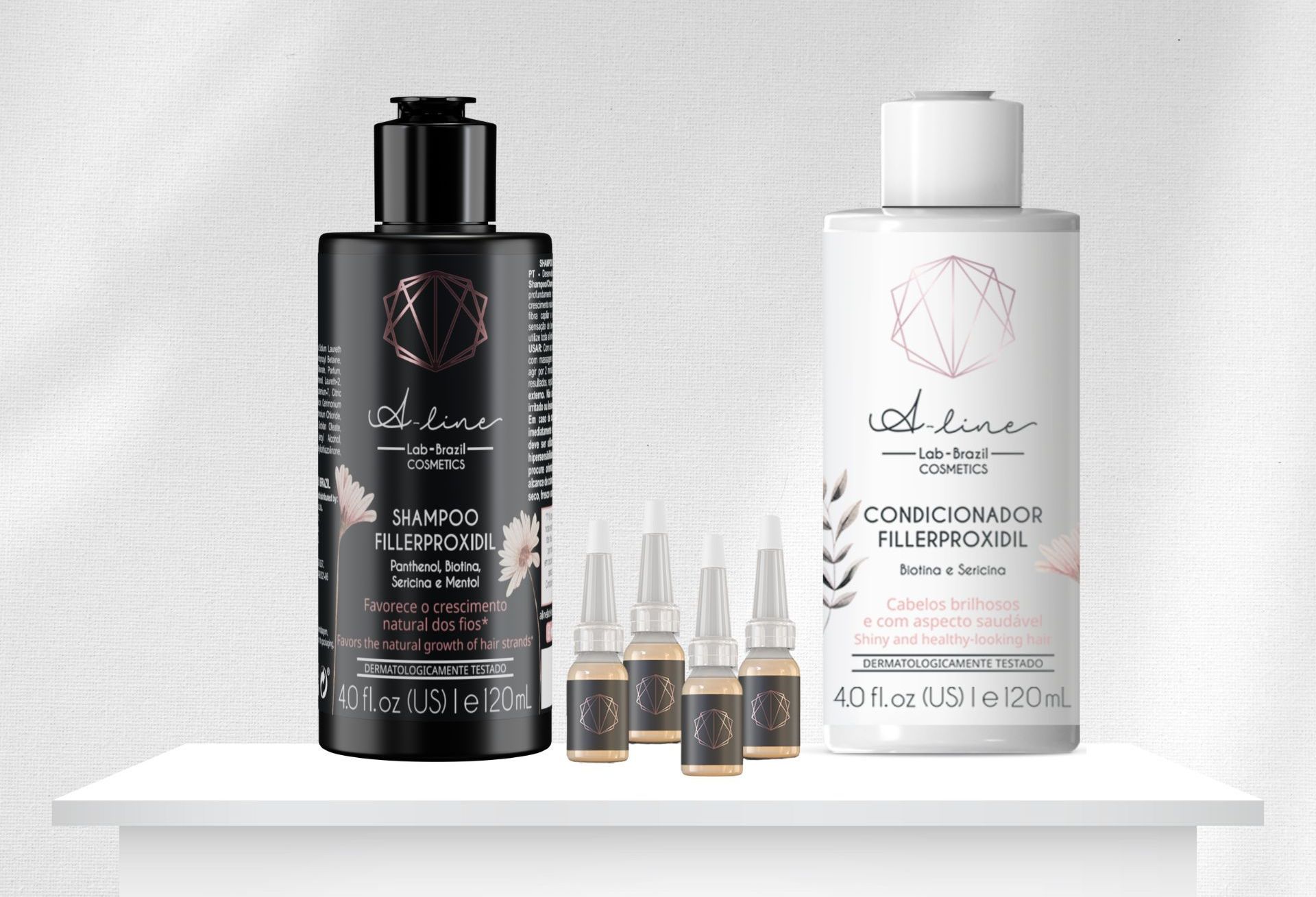 Hay dos botellas de productos para el cabello en un estante blanco.