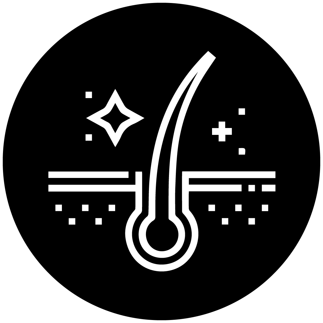 Un icono de cabello blanco en un círculo negro sobre un fondo blanco.