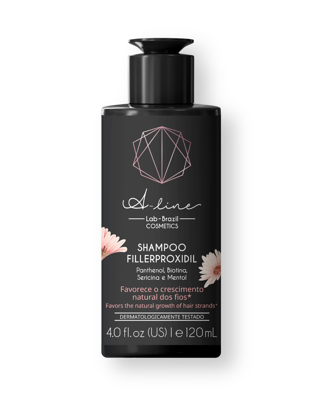 Una botella de champú negra con una flor rosa encima.