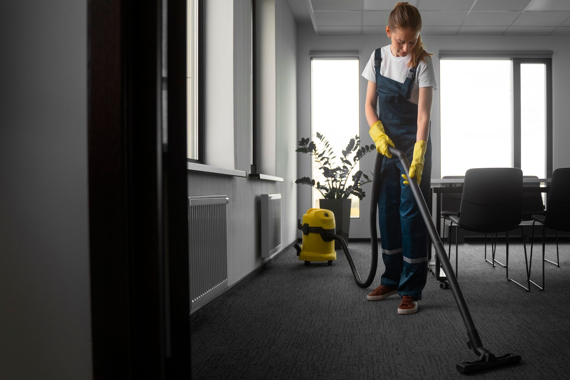 A woman is using a vacuum cleaner to clean the carpet in an office.