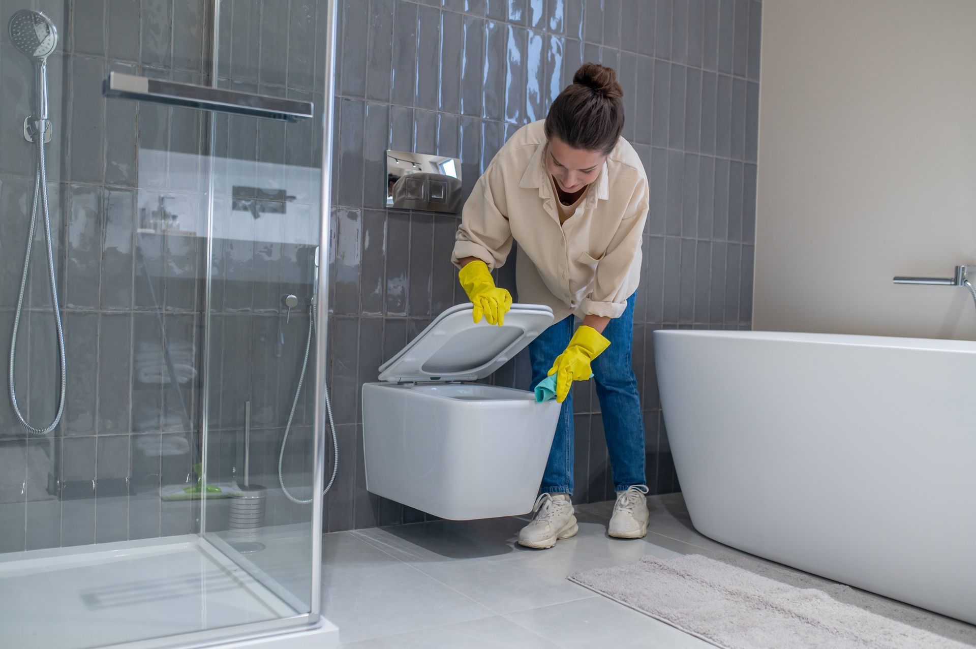 A woman is cleaning a toilet in a bathroom.