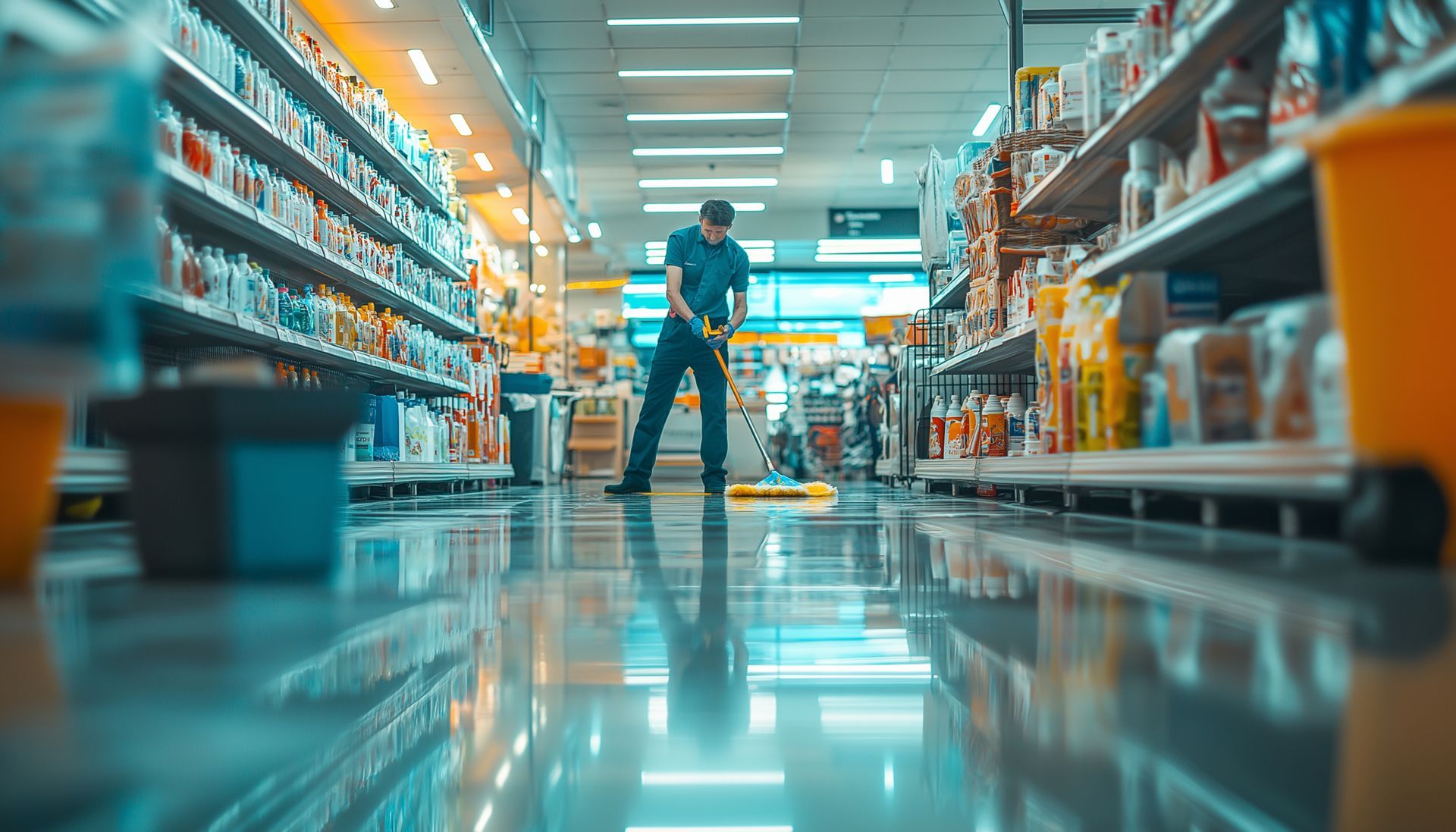 A man is mopping the floor of a grocery store.