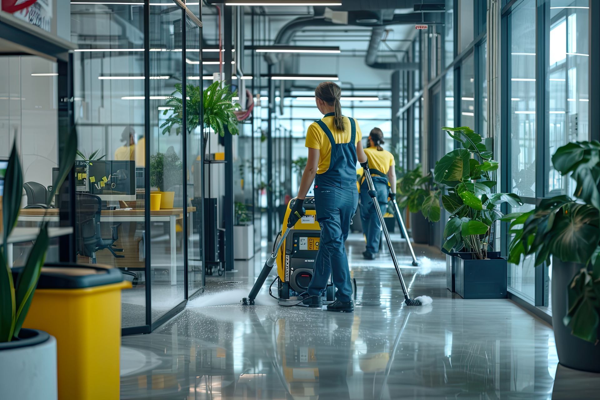 A group of janitors are cleaning the floor of an office building.