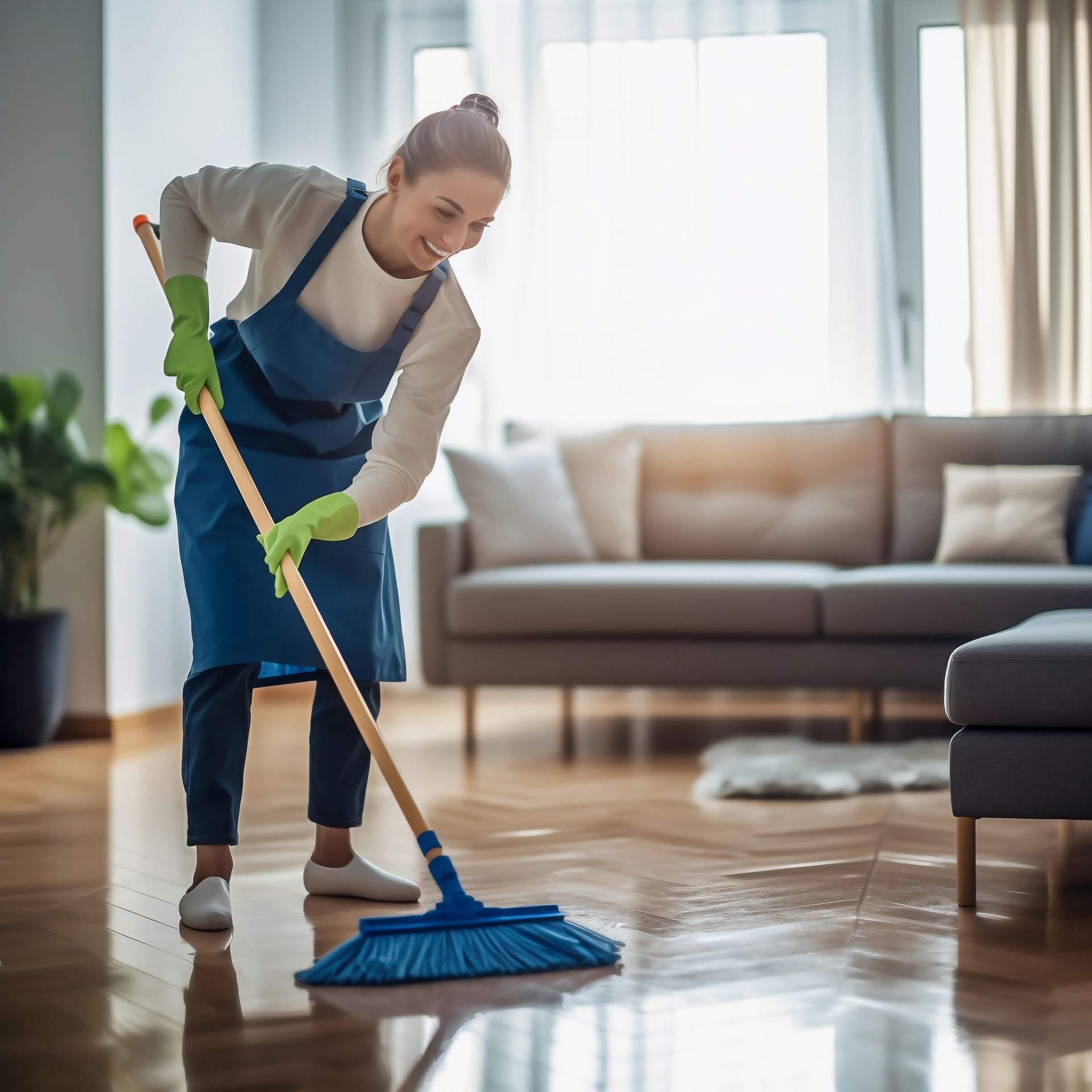 A woman is cleaning the floor in a living room with a broom.