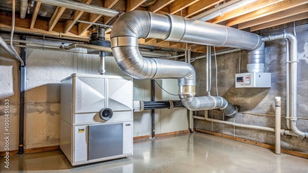 Furnace and ductwork in a basement. Silver ducting curves along the concrete wall and connects to the large white furnace.