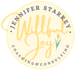 Jennifer Starkey Millhoy Coaching & Consulting logo in gold and gray with a floral sprout icon