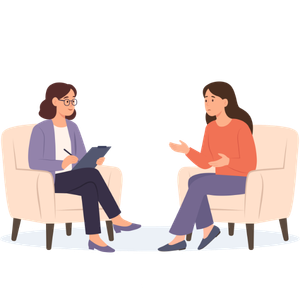 Two people seated in armchairs, talking during a counseling session