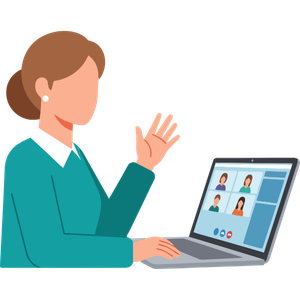 Woman waving during a video call on a laptop, with multiple participants visible on screen