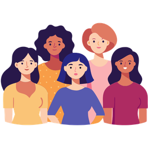 Five smiling illustrated people standing together in colorful shirts
