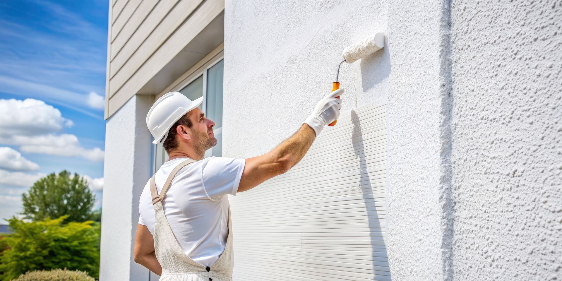 A man is painting an exterior white wall with a roller .