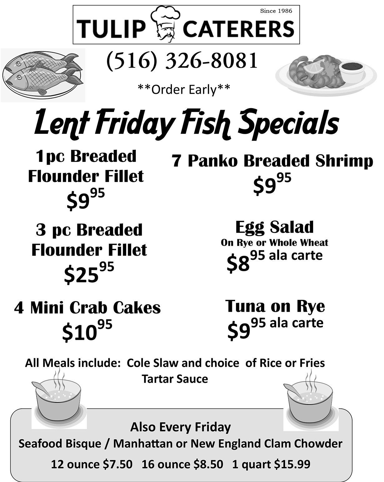 Flyer for Tulip Caterers, offering Lent Friday fish specials including flounder, shrimp, crab cakes, and sides.